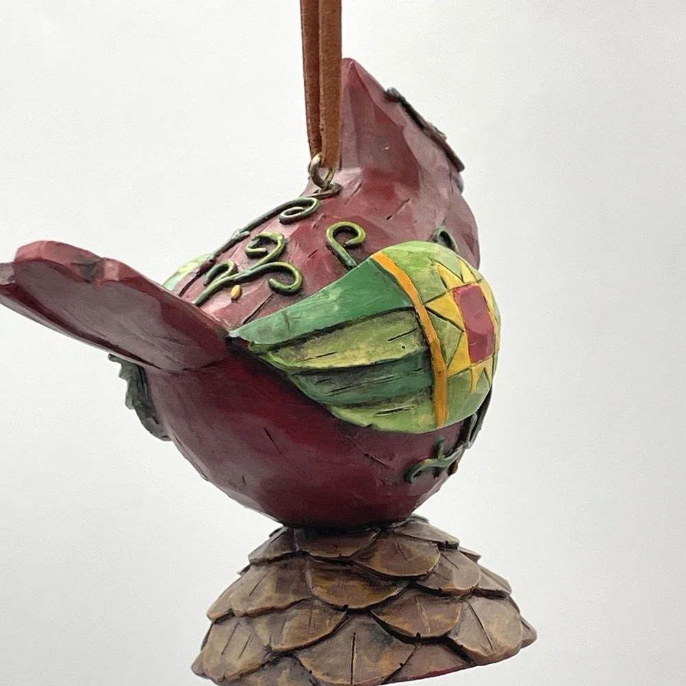Hand Painted Resin Cardinal Bird Figurine Ornament Folk Art Pinecone Base 3.5